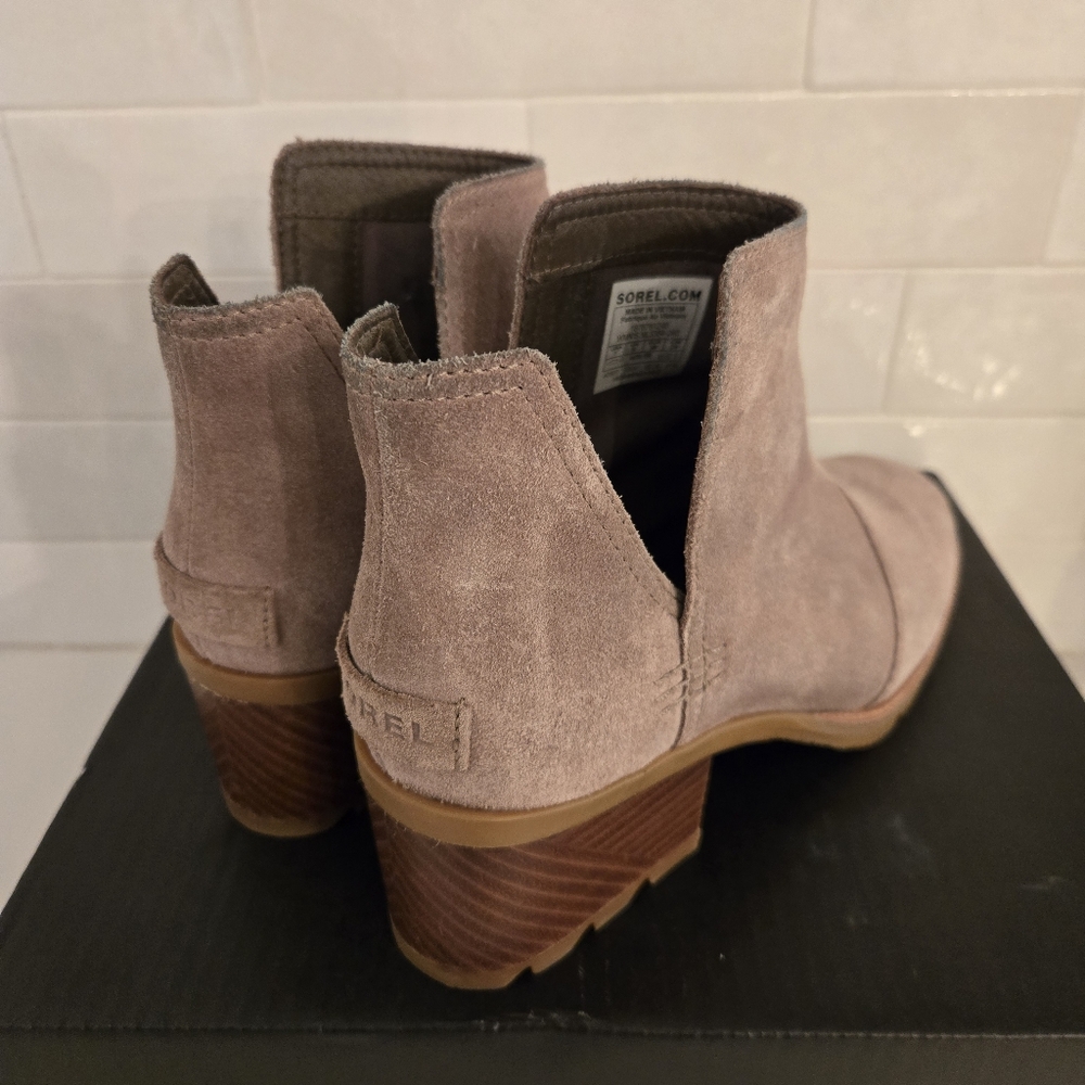 Sorel Cate Cut-Out Bootie Ankle Boot Block Heel Waterproof Leather Gray Beige 7 - Picture 4 of 8